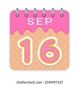 16 day of a month. September. Waffle cone calendar with melted ice cream. 3d daily icon. Date. Week Sunday, Monday, Tuesday, Wednesday, Thursday, Friday, Saturday. White background Vector illustration