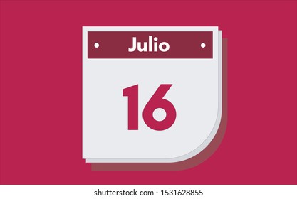 16 de Julio. Dia del mes. Calendario (July 16th. Day of month. Calendar in spanish) vector illustration icon.