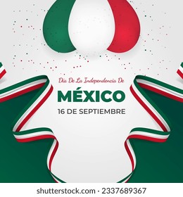 16 de Septiembre Día de La Independencia de México Greeting with Wavy Mexican National Flags Ribbons. Translate: 16th September, Mexican Independence Day