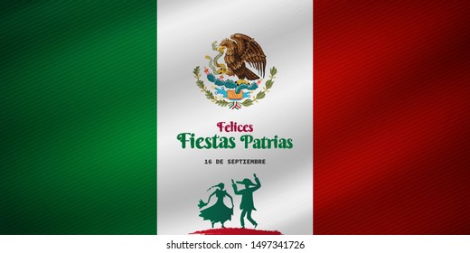 16 de septiembre,Mexico Felices Fiestas Patrias, English translation : (Mexican national holiday, 16 September)  National Holidays Celebration Card.