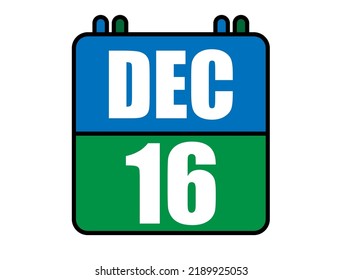 16 December calendar. Blue and green calendar page for December days. Vector isolated on white background.