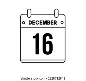 16 december calendar icon. Black and white vector for the days of the month of December