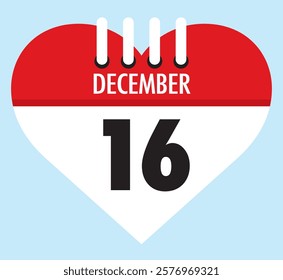 16 December calendar icon red heart shape on light sky blue color background, calendar vector symbol for the month of December.