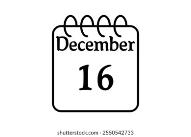16 December calendar icon text page monthly web design on black and white background vector, icon, or illustration with the month of December 16