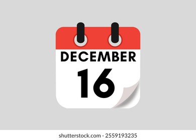 16 December calendar icon text page monthly web design on red, white, black and ash background vector, icon, or illustration with the month of December 16