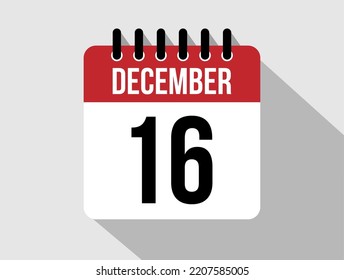 icono vectorial del calendario 16 de diciembre. Fecha de diciembre rojo para los días del mes