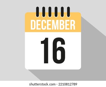 16 December calendar vector icon. Yellow december date for the days of the month and week