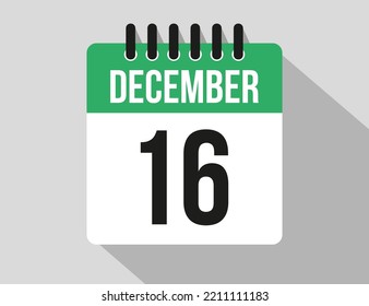 16 December calendar vector icon. Green December date for the days of the month and week