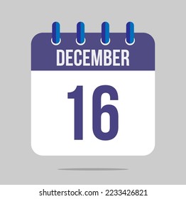 16 december calendar vector. Calendar icon for december with marked date. Design for schedules, meetings and appointments