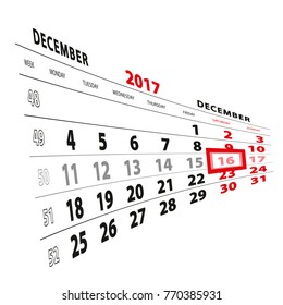 16 December highlighted on calendar 2017. Week starts from Monday. Vector Illustration.