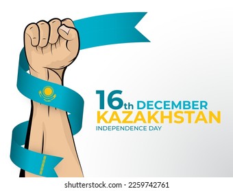 16 de diciembre. Imagen vectorial de la tarjeta de felicitación del Día de la Independencia para el país de Kazajistán con puños apretados y una cinta de bandera. Usar para banners en fondo blanco.