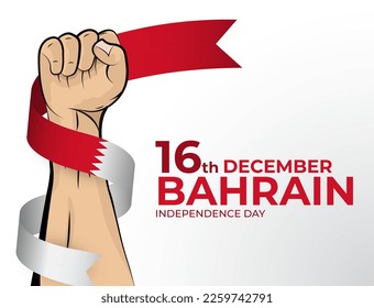 16 de diciembre. Imagen vectorial de la tarjeta de felicitación del Día de la Independencia para el país de Bahréin con puños apretados y una cinta de la bandera. Usar para banners en fondo blanco.