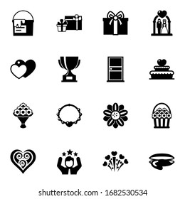 16 decoration filled icons set isolated on white background. Icons set with paint bucket, gifts, gift, love, reward, door, bouquet, necklace, wedding ceremony, wedding cake icons.