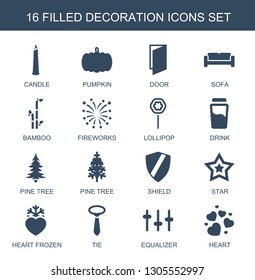 16 decoration icons. Trendy decoration icons white background. Included filled icons such as candle, pumpkin, door, sofa, bamboo, fireworks. decoration icon for web and mobile.