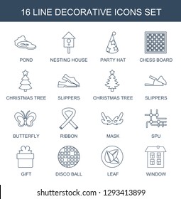 16 decorative icons. Trendy decorative icons white background. Included line icons such as pond, nesting house, party hat, chess board, Christmas tree. decorative icon for web and mobile.