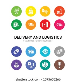 16 delivery and logistics vector icons set included delivery hot air balloon, delivery info, monitor, safety, schedule, settings, shield, tag, time, to the door, truck icons