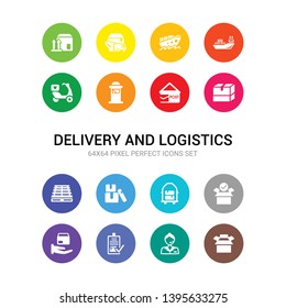 16 delivery and logistics vector icons set included open box, operator, order, package, package checking, package on trolley, packages, pallet, parcel, post office, postbox icons