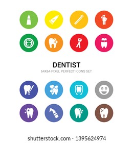 16 dentist vector icons set included prophylaxis, radiograph, sealants, shiny tooth, smiling, teeth, tooth cleaning, tooth extraction, filling, pliers, whitening icons