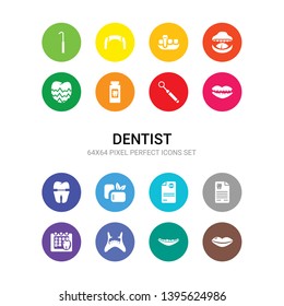 16 dentist vector icons set included lips, malocclusion, maxilla, medical appointment, medical prescription, medical record, mint gum, molar crown, mouth, mouth mirror, mouth wash icons