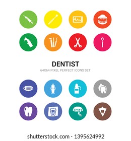 16 dentist vector icons set included dental protection, dental veneer, dental x ray, dentist, dentist apple, bottle with liquid, chair, mask, mirror, scissors, tools icons