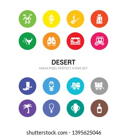 16 desert vector icons set included alcohol bottle, amphora, amulet, arab, carriage, cart wheel, cleopatra, cowboy boot, cowboy cart, cowboy tower, vest icons