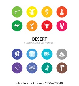 16 desert vector icons set included tomahawk, train rails, tumbleweed, whip, wigwam, wild west cart, wild west saloon, wooden coffin, barrel, bull skull, cactus icons
