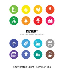 16 desert vector icons set included oasis, old money bag, outlaw, paddock, prefect, rock, rug, saddle, salty desert, sandstorm, scarab icons