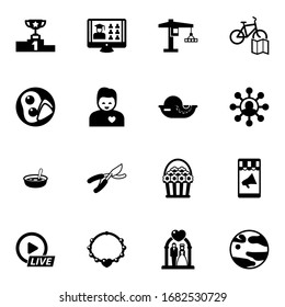 16 design filled icons set isolated on white background. Icons set with competition, Free Shipping, tower crane, breakfast, girlfriend, seafood, Soup, Garden pruner, Bike rental map icons.