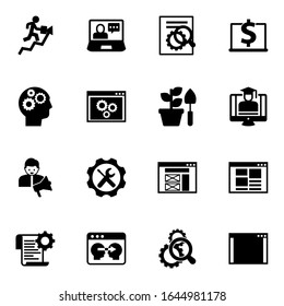 16 development filled icons set isolated on white background. Icons set with career growth, eCommerce solutions, SEO optimization, Cognitive Science, back end, Gardening icons.