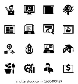 16 iconos rellenos de desarrollo que se encuentran aislados en fondo blanco. Iconos establecidos con diseñador gráfico, aplicación de análisis, software, front-end, desarrollo web, iconos de optimización de sitios web.