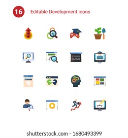 16 development flat icons set isolated on . Icons set with level up, Search optimization, Open Source, analytics app, website optimization, coding, Landing page, Information Architecture icons.