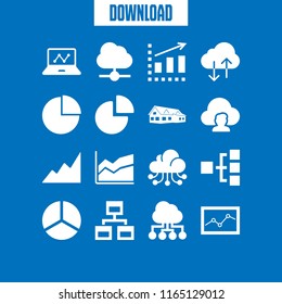 16 diagram vector icon set with graphic of stats on laptop screen, pie chart, graph frame and ascending graphic icons for mobile and web