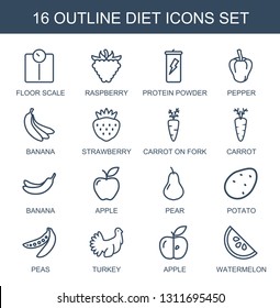 16 diet icons. Trendy diet icons white background. Included outline icons such as floor scale, raspberry, protein powder, pepper, banana, strawberry. diet icon for web and mobile.