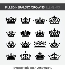 16 different high-quality modern minimalistic filled royal heraldic crown designs vector set. for kingdom kind of designs. heraldry emblem and symbol. the classic style. line art illustration.