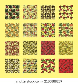 16 different seamless food patterns. set of different doodle vector food backgrounds