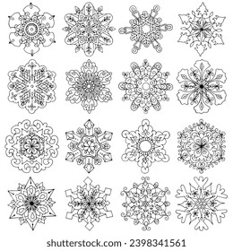 16 different snowflakes on a white background