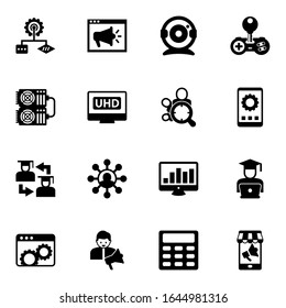 16 digital filled icons set isolated on white background. Icons set with Algorithm, Video training, Web Camera, mining farm, 4K Streaming, Audience targeting, Web Infrastructure icons.