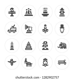 16 Director chair, Grand canyon, Democracy, Eagle, Republican, School bus, Food truck, Building, Spaceship modern icons on round shapes, vector illustration, eps10, trendy icon set.