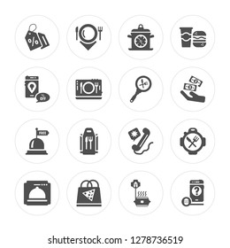 16 Discount, Hot dish, Pizza, Online, Cooking, Mobile app, Free, Search modern icons on round shapes, vector illustration, eps10, trendy icon set.
