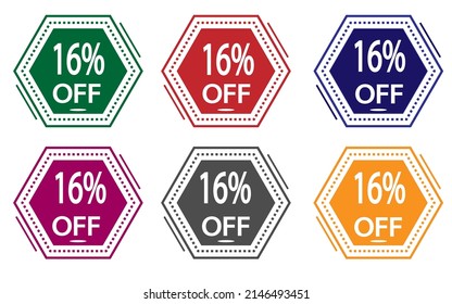16% de descuento en etiqueta de color. icono de oferta especial para tiendas de color verde, rojo, azul, rosa, gris y naranja.