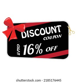 16% discount, a discount on a product or service. Beautiful discount card. 
Beautiful font on a black background with a red bow. Vector