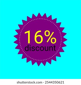 16% etiqueta de desconto. Rótulo roxo e amarelo. Promoções de lojas, vendas de comércio online. Dezesseis por cento de desconto.