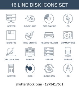 16 disk icons. Trendy disk icons white background. Included line icons such as server, disc flame, disc on fire, CD, diskette, record player, gramophone. disk icon for web and mobile.