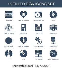 16 disk icons. Trendy disk icons white background. Included filled icons such as server, CPU in heart, gramophone, CD, CPU planet, diskette, blade saw. disk icon for web and mobile.