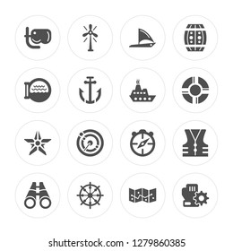 16 Diving Mask, Boat Engine, Rudder, Big Binoculars, Safety Vesty, Boxing gloves, Porthole modern icons on round shapes, vector illustration, eps10, trendy icon set.