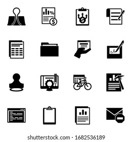 16 document filled icons set isolated on white background. Icons set with Binder clip, Taxes, Business Planning, Sheet, Folder, web services, Stamp, Content management icons.