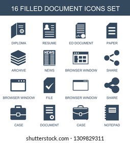 16 document icons. Trendy document icons white background. Included filled icons such as diploma, resume, ed document, paper, archive, news. icon for web and mobile.