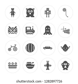 16 Doll toy, Furby Boat Piano Troll Mr potato Drum Tricycle Octopus toy modern icons on round shapes, vector illustration, eps10, trendy icon set.