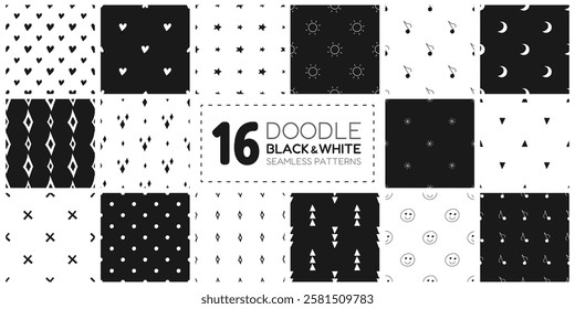 16 Doodle seamless patterns collection with hand drawn elements. Isolated vector tiles with stars, dots, hearts, suns, notes. Fabric patterns on black and white backgrounds. Swatches included. 