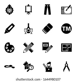 16 iconos rellenos de dibujo que se encuentran aislados en fondo blanco. Iconos con el negocio de Innovación, Easel, pantalones, Marker, champán, Borrador, paleta de Artistas, Lápiz y iconos de la regla.